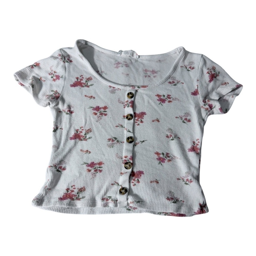 Modern Coquette Pink Rose Floral Crop Top Small White Button Front Ribbed Knit